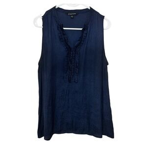41 Hawthorn Navy Blue Ruffle V-Neck Sleeveless Blouse Textured Print Large